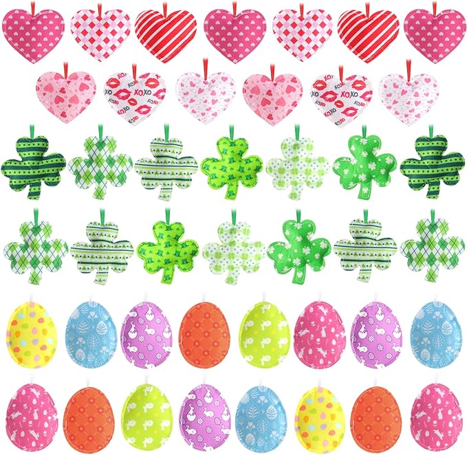Jutom 108 Pcs Easter Egg Rabbit Ornaments Shamrock Felt Heart Hanging Ornaments Heart Shaped Clover Baubles Shamrock Egg Felt Decoration for Holiday Favor (Cute)