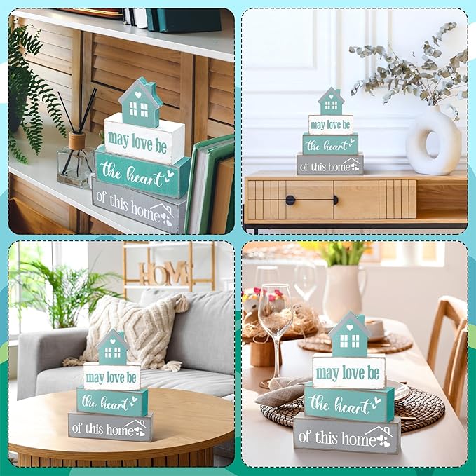 Cinnvoice 4 Pcs Farmhouse Tabletop Decor Rustic Family Blessed Home Table Centerpiece This Is Us Sign for Kitchen Shelf Desk Fireplace Mantel Tiered Tray Decor(May Love Be the Heart of This Home)