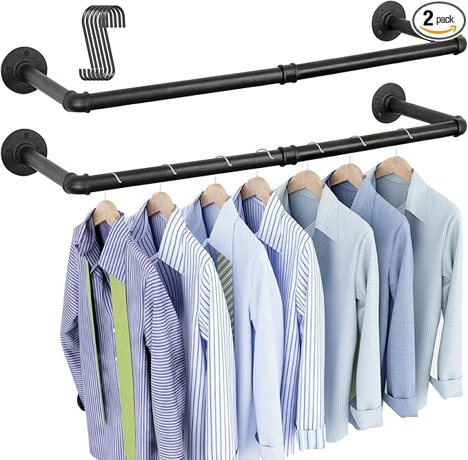 OROPY Industrial Pipe Clothes Rack Wall Mounted Set of 2, 38.4 inches Heavy Duty Iron Pipe Clothing Garment Rail, Multi-Purpose Clothing Hanging Rod for Laundry Room and Closet Storage