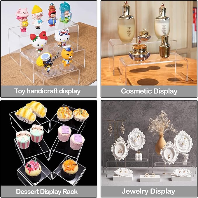 MerryNine Acrylic Risers 6 Pcs, Clear Risers Display Stand, Plastic Display Risers, Transparent Pop stand for Cupcakes, Figures, cosmetics, Collectibles Display, Rectangle-Medium