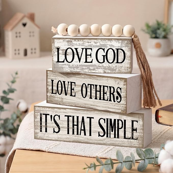 Moucuny 4 Pcs Christian Table Decor Rustic Wooden Block Sign Set with Love God Love Others It's That Simple Farmhouse Stacked Decor with Beaded Garland Tassel Christian Home Decorations for Home Shelf