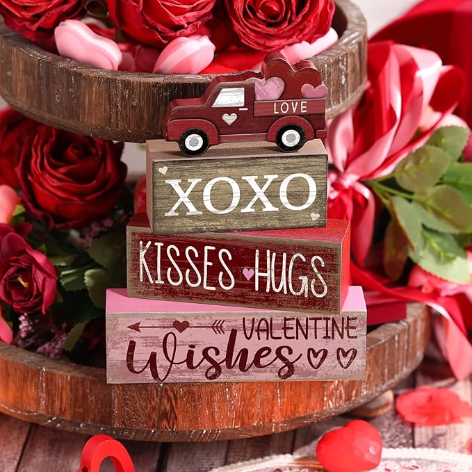 Lineshading 4 Pcs Valentine's Day Table Decoration Wooden Heart Truck Decor Valentine Tiered Tray Decor Valentine's Day Centerpiece Rustic Decorative Truck Block Sign Farmhouse for Home Kitchen Shelf
