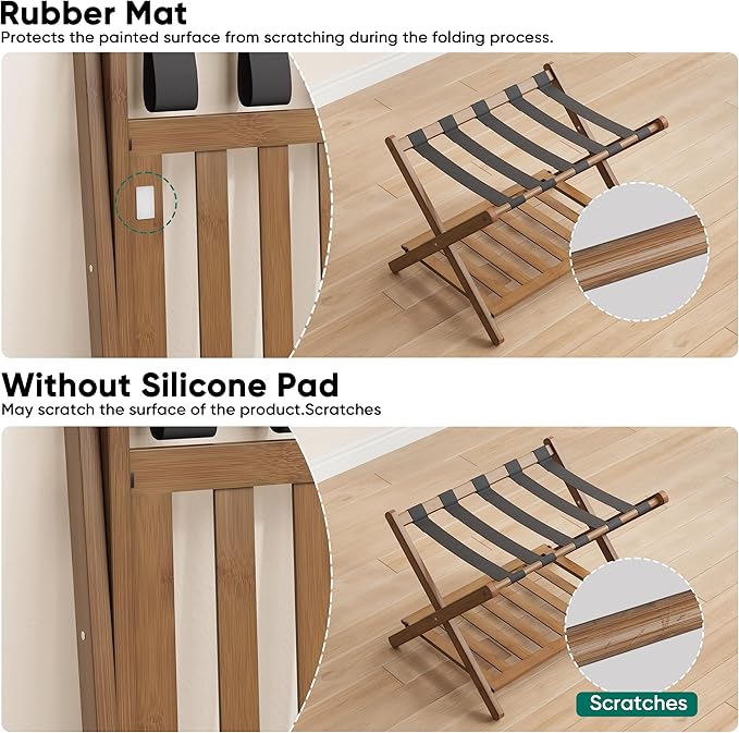 Smuxee Fully Assembled Black Walnut Luggage Rack, Upgraded Bamboo Foldable Suitcase Stand with 5 Nylon Straps, Luggage Holder with Shelf for Guest Room Bedroom Hotel