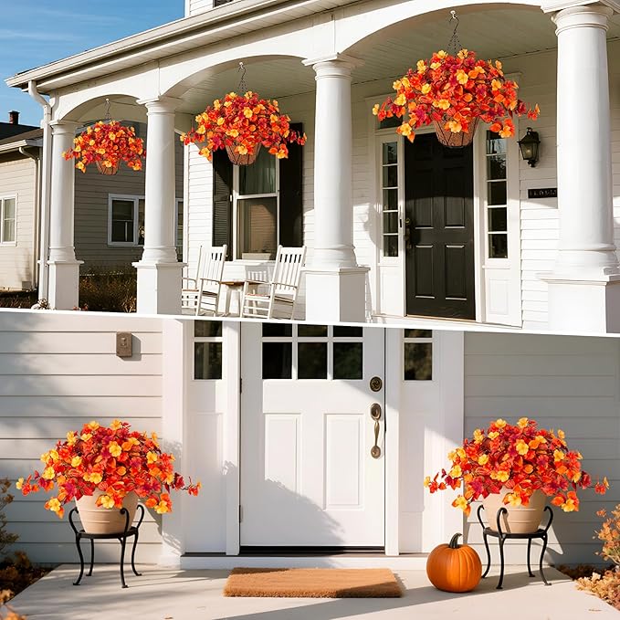 Hanging Artificial Fall Flowers Basket for Outdoors Outside 3PCS Fake Plants Faux Orange Fall Flowers for Outdoors Planters UV Resistant Silk Flowers for Home Porch Patio Garden Autumn Decoration