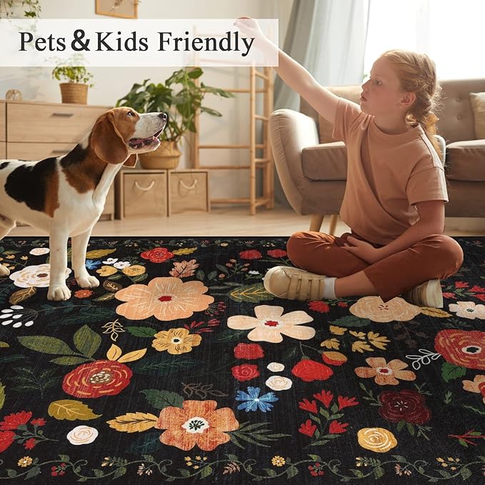 U'Artlines 8x10ft Vintage Floral Area Rug Machine Washable Ultra Soft Low Pile Non Slip Non Shedding Accent Floor Carpet for Living Room, Bedroom, Dining Room, Office (Black Green)