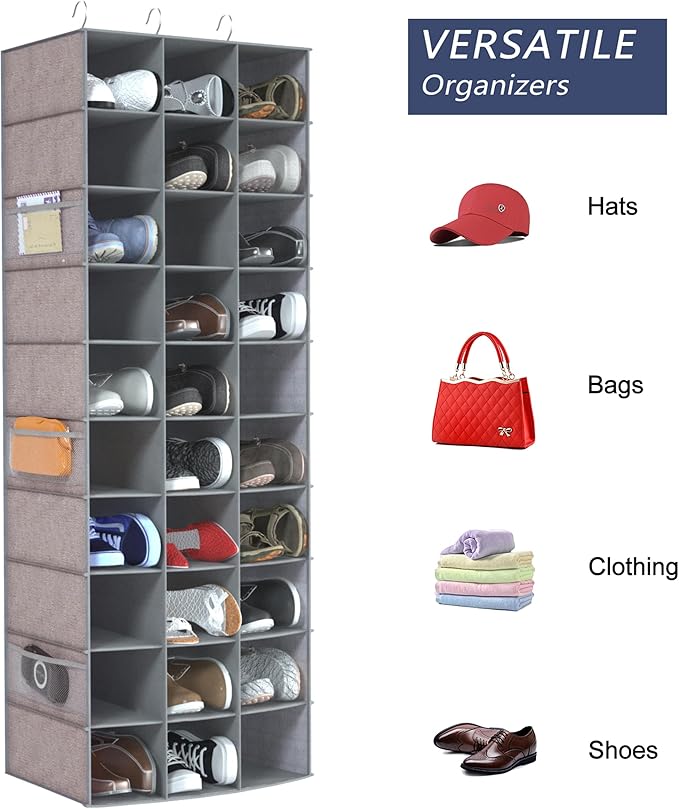 coastal rose Hanging Shoe Organizer, 30 Sections Hanging Shoe Organizer for Closet with 6 Mesh Pockets, Space Saving Hanging Shoe Rack, Grey Closet Shoe Organizer