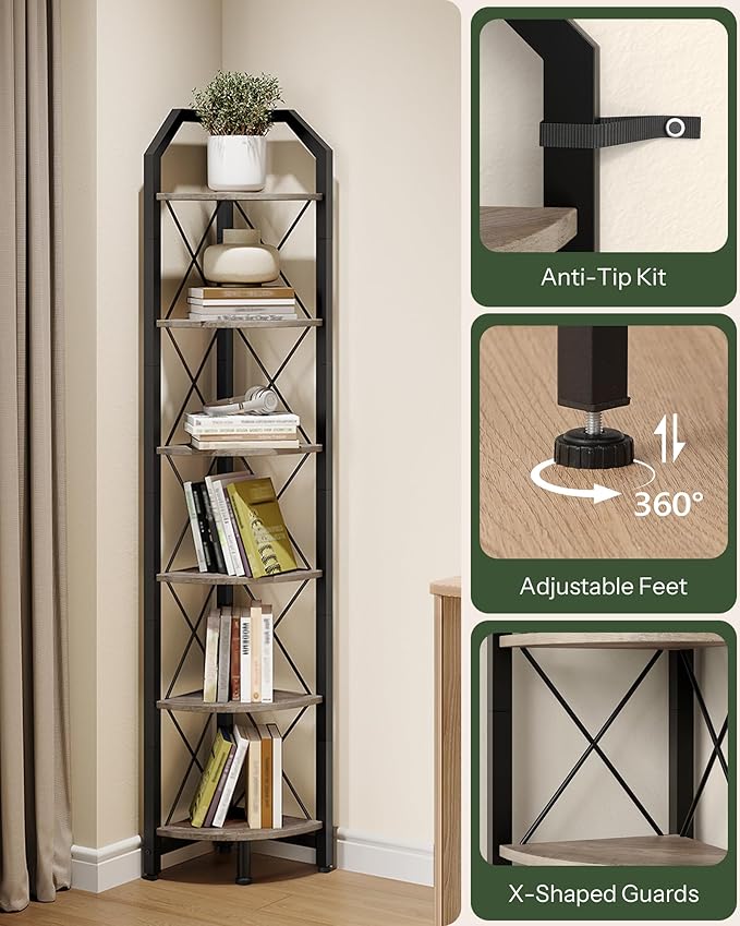 CHOEZON 6-Tier Corner Shelf, Industrial Corner Bookshelf, 71.2" Corner Storage Stand, Plant Stand Display Shelf, Corner Bookcase for Bedroom, Living Room, Home Office, Greige and Black TCJ11BG