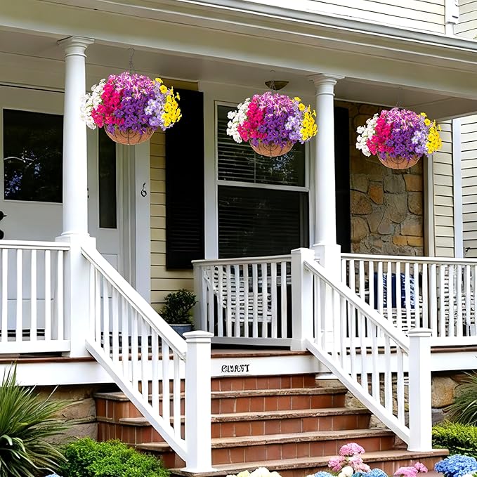 INSPRING Artificial Outdoor Flowers Hanging Baskets Faux Plants Spring Decoration, UV Resistant Fake Silk Morning Glory in Planter Look Real Petunias for Outside Patio Porch Balcony Garden Home, 6Mix