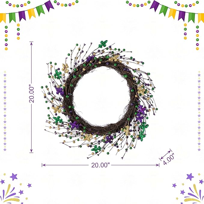 Glitzhome 20" Wreath Decoration Glitter Purple Gold Green Berry & Fleur-de-Lis Wreath Carnival Front Door Decoration for Indoor Outdoor Holiday Party Favors