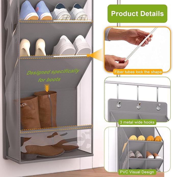 VERONLY Door Shoe Organizer, Over The Door Hanging Shoe Rack with Large Pockets, Space Saving Shoe Storage for Closet, Entryway, Bedroom, Shoe Holder for Men Women Kids (Grey)