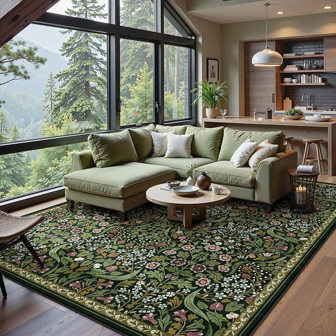 Moynesa Floral Washable 8x10 Rug, Large Rugs for Living Room, Green Soft 8 x 10 Boho Bedroom Rugs, Non Slip Botanical Ultra Thin Floor Carpet for Dining Room Nursery, Green