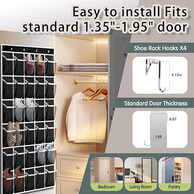 Over the Door Shoe Organizer with 30 Breathable Mesh Pockets - Large Capacity Closet Storage for Men & Women, Hanging Shoe Rack Organizer (Black, 30-Pocket)