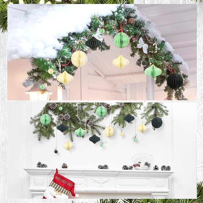 TecUnite 50 Pcs Christmas Paper Honeycomb Ornaments for Tree Vintage 3D Mini Glitter Edge Paper Christmas Ornament Honeycomb Tree Hanging Neutral Boho Holiday Xmas Party Decoration(White, Green)