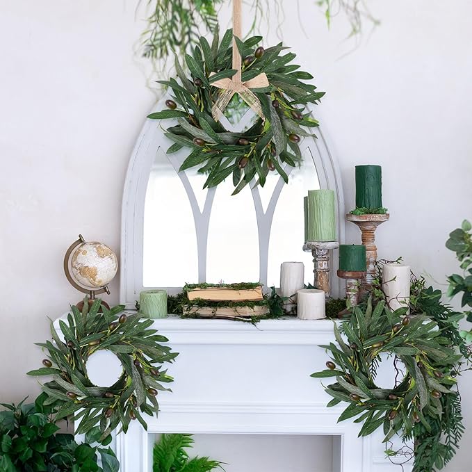 4 Pcs Artificial Green Olive Wreaths Greenery Wreath with Olive Leaves Mini Green Kitchen Cabinet Wreaths Swag Spring Summer Wreath for Front Door Porch Wall Window Farmhouse Wedding Decoration