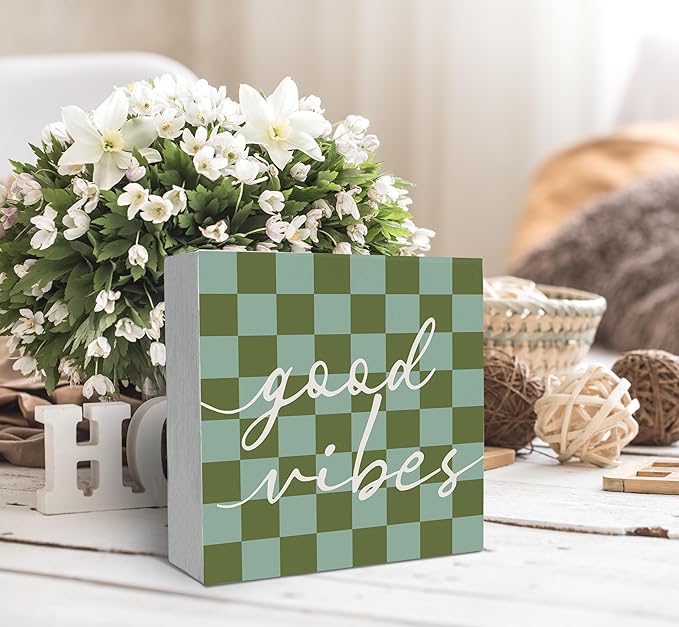 SRADMO Inspirational Wood Box Sign Desk Decor, Motivational Office Decor, Blue and Green Checkered Positive Theme Wooden Block Box Sign Decoration for Home Office Shelf Table Decorative Accessories