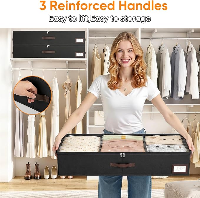 OIAHOMY 2 Pack Under Bed Storage, 6 Inch High Under Bed Storage Containers with Adjustable Dividers, Dual Zippers, &Clear Lid, 53L Under Bed Drawers For Clothes, Blankets, Clothing, & Shoes, Black