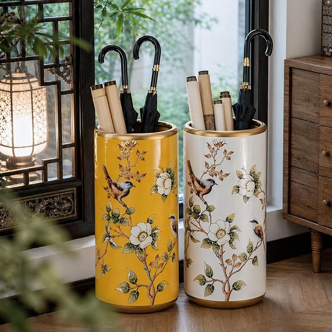 Ceramic Entryway Umbrella Stand,Handmade Appliques Chinese Umbrella Stand Barrels,Vintage Floor Standing Cane Holder Placed & Flower Vases for Hotel Office Home Entrance,D,17.3in