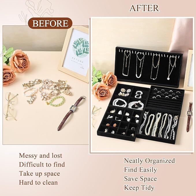 Set of 10 Stackable Jewelry Organizer Trays for Drawer 14 Inch Velvet Jewelry Drawer Insert Display Storage with Removable Divider for Necklace Earring Ring Watch Bracelet (Black)
