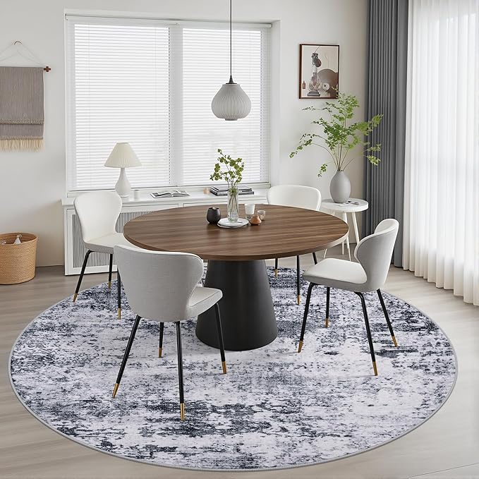 Round Area Rug for Living Room: 6 ft Washable Modern Abstract Soft Thin Rug Indoor Floor No Slip Stain Resistant Carpet for Bedroom Dining Room Farmhouse Nursery Home Office - Grey