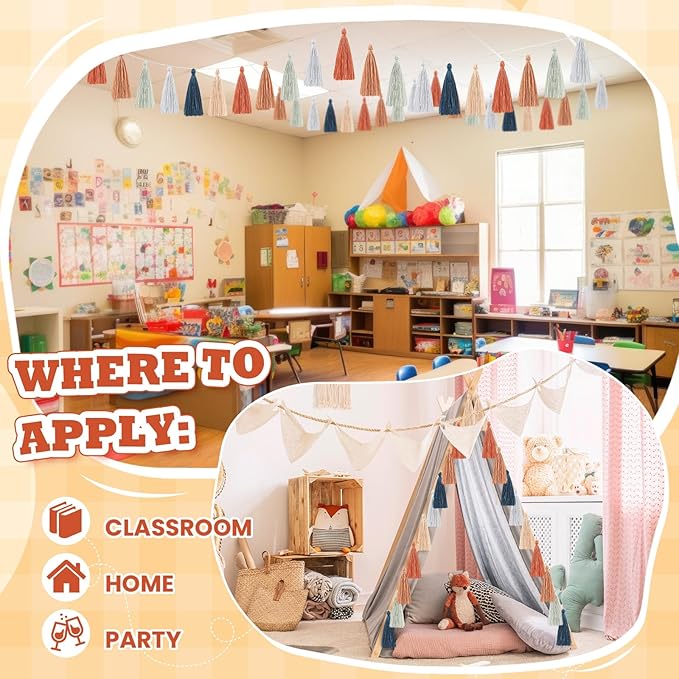 WILLBOND 4 Pieces Valentine's Day Tassel Garland for Classroom Wall Decor Boho Pastel Garland Cotton Tassel Banners for Party School(6.2 Inch,Brown Color)