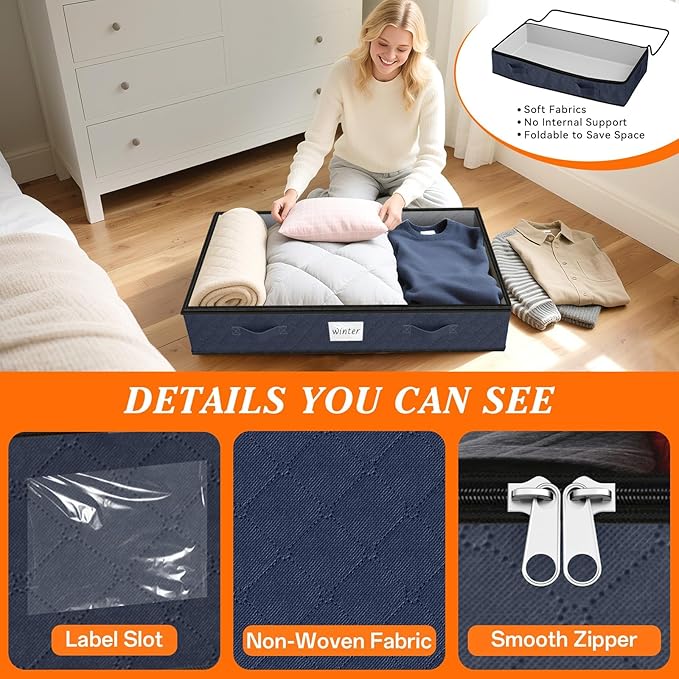 SpaceWhisper 90L Under Bed Storage Containers, 4-Pack Storage Bins with Clear Top, Foldable Closet Organizers and Storage with Label Holder for Clothing, Blankets, Comforter & Pillows(Blue)