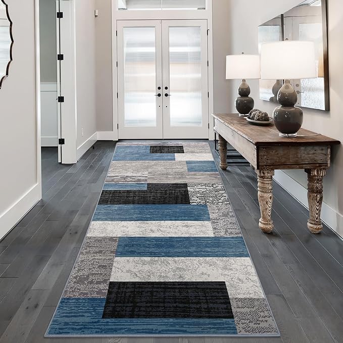 FlyDOIT Modern Geometric Patchwork Area Rug, 2x6 Blue Runner Rugs for Living Room, Rockwood Collection Indoor Rugs for Bedroom, Throw Carpet Floor Decor for Entryway Dining Room Office Nursery