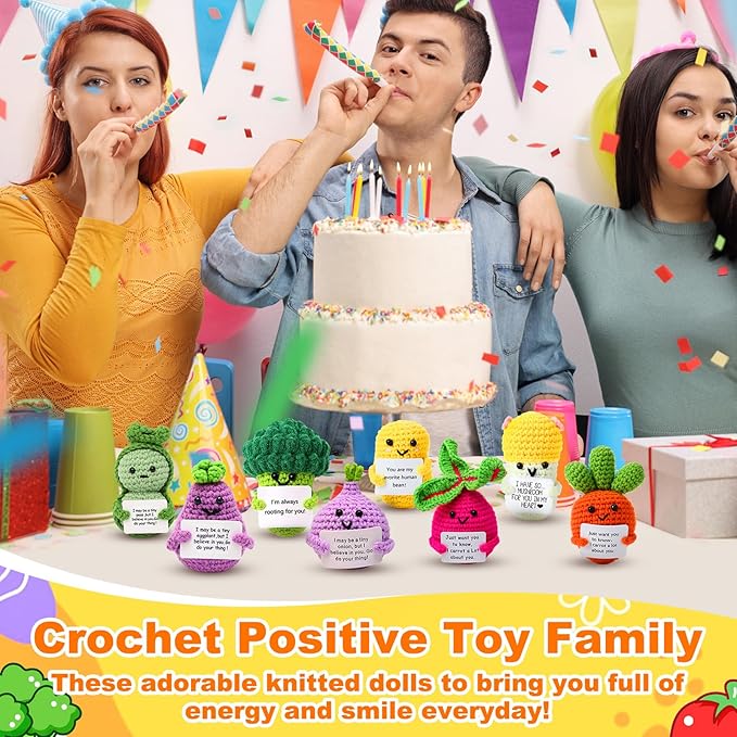 HunnmingRe 12 Pcs Cute Crochet Doll with Positive Card Soft Wool Animals Creative Knitting Dolls for Positive Support Inspirational Birthday Encouragement Gift(Vegetable Style)