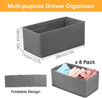 8 Pack Foldable Drawer Organizers, Grey Clothing Dividers Closet Cabinet Dresser Storage Boxes for Socks, Underwear, Bras, Panties, Multi-Purpose Storage Bins, 11x5.7x4.72 Inch
