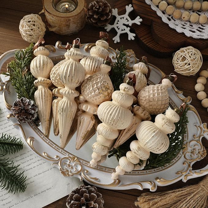 Yunlly 9 Pcs Neutral Christmas Ornaments Textured Christmas Tree Decor with Hanging Loop Modern Brown Hanging Ornaments Finial Shatterproof Decor for Xmas Vintage Rustic Farmhouse (Retro White)