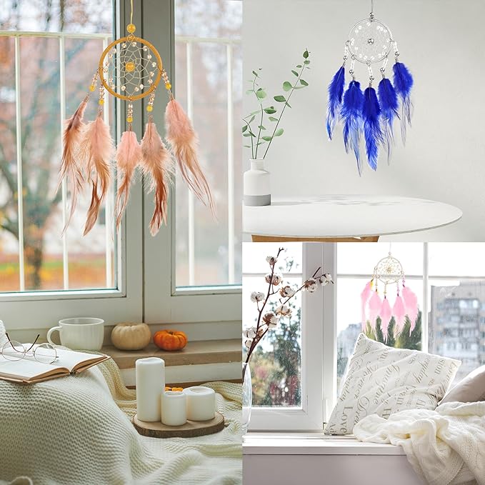 uxcell 2pcs Dream Catchers, Small Handmade Feather Dreamcatcher Supplies Car Charm with Crystal Beads Wall Hanging Decor for Home Car Decoration Ornament Women Friend Gift, Yellow