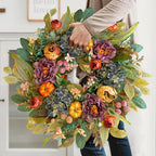 WANNA-CUL 24 Inch Spring Fall Wreaths for Front Door with Blue Hydrangea, Fall Wreath with Purple,Orange Peony-Fall Decoration for Home-Fall Decor Door Wreath for Valentines Day Mothers Day Autumn