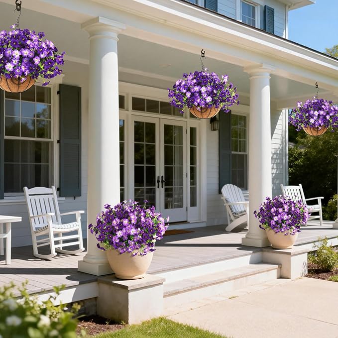 INQCMY Artificial Flowers for Outdoors Fake Plants Spring Decoration, 12 Bundles Faux Petunias UV Resistant Realistic Silk Flower for Outside Planters Patio Porch Yard Window Box (Double Purple)