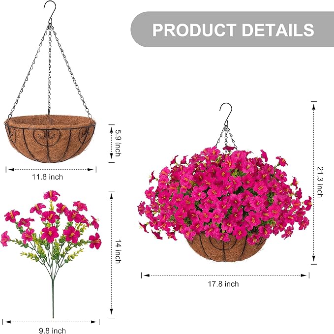 INSPRING Artificial Fake Hanging Flowers Baskets for Outdoors Spring Plants, UV Resistant Outdoor Faux Silk Petunias in Planter Look Real Morning Glory for Outside Patio Porch Balcony Garden, Fuchsia