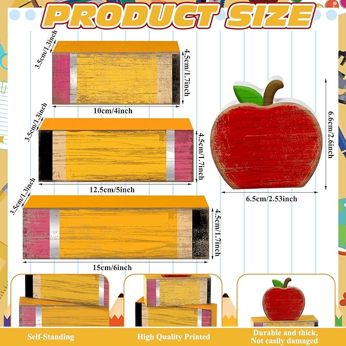 Lineshading 4 Pcs Back to School Table Decorations Retro Red Apples Decor Back to School Tiered Tray Decor Apple Centerpieces Rustic Wood Pencil Block Stack Sign Farmhouse Gifts for Home Shelf Mantel