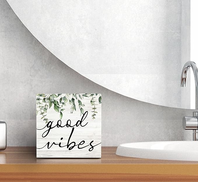 SRADMO Botanical Eucalyptus Leaves Wood Box Sign Desk Decor, Rustic Eucalyptus Leaves Wooden Block Box Sign Decoration For Home Office Shelf Table Decor