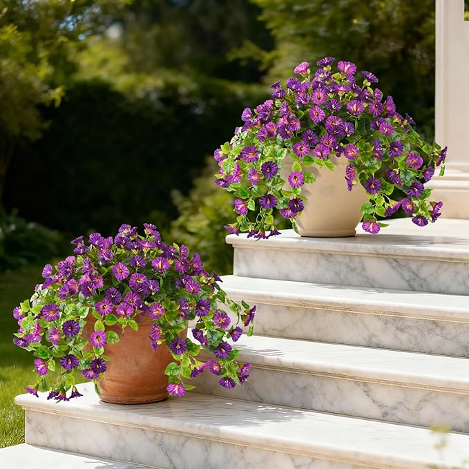Homsunny Artificial Fake Flowers Plants for Outdoor, 2PCS Long 29.5 in Faux Petunias Silk Flower UV Resistant No Fade for Home Outside Garden Balcony Yard Porch Realistic Spring and Summer Decor