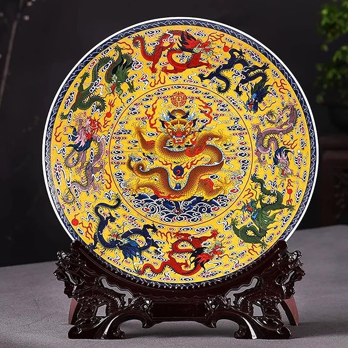 LIYAOLI Home Ceramic Decorative Plates for Display Feng Shui Decor Chinese Decorations Classical Colorful Flying Dragon Soaring Clouds Handmade Art Decor for Display Living Room Table