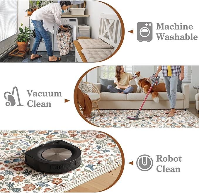 Moynesa Floral Washable Area Rugs, 3x5 Rugs for Bedroom Non Slip Soft Entry Rug, Boho Flower Small Living Room Throw Rug Ultra Thin Floor Carpet for Dorm Bathroom Nursery, Beige