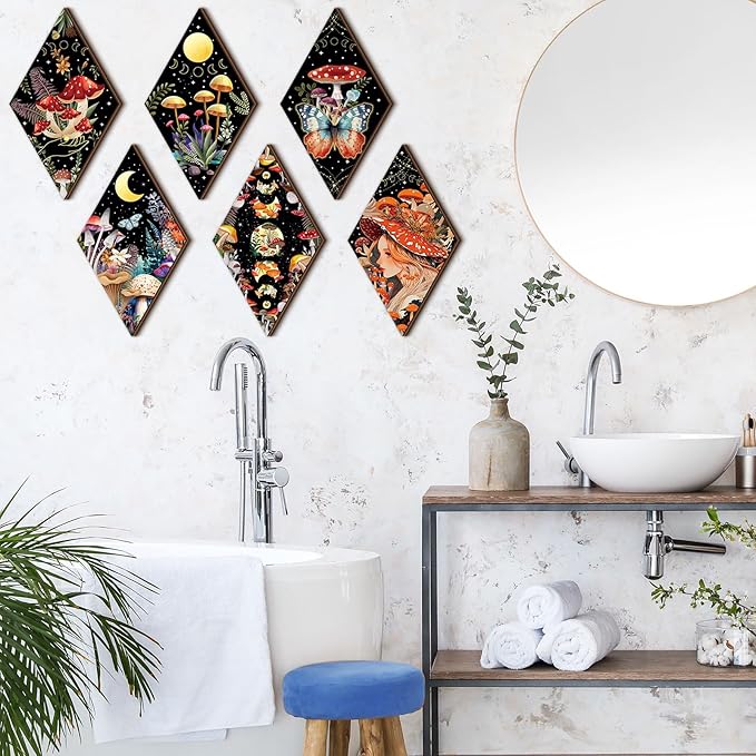 Qunclay 6 Pcs Witchy Gothic Wall Decor Rustic Boho Home Decor Sun Moon Mushroom Phases Wall Art Gothic Star Hanging Wooden Decoration Farmhouse Pediments for Bedroom Living Room Gallery(Mushroom)