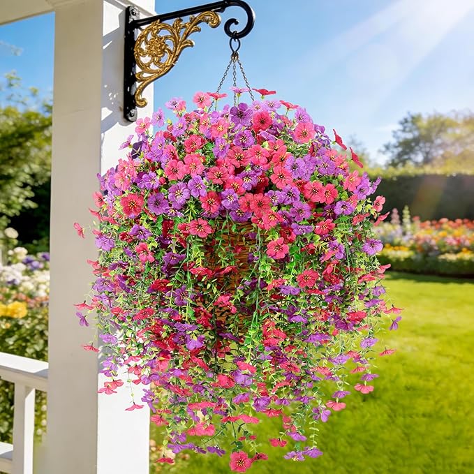 4 Bundles Fake Flowers for Spring Decor, Hanging Artificial Flowers for Outdoors, UV Resistant Spring Floral Stems for Porch, Window and Garden Decoration (4)