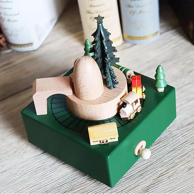 Natural Solid Wood Handcrafted Beech Wooden, Musical FigureTotoro/Carousel/Fairy/Ballerina Figurine,Rotating Hand Crank Mechanism Music Box,Musical Decorations (Green Christmas Train)