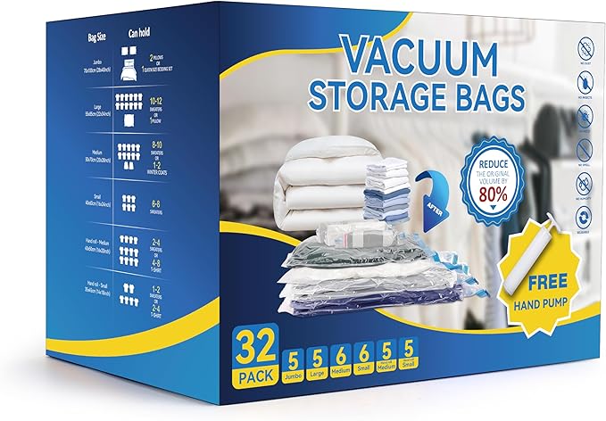 Simple Deluxe 32 Pack Vacuum Storage Bags (5 Jumbo/5 Large/6 Medium/6 Small/5 Roll M/5 Roll S) Space Saver Bags, Vacuum Seal Bags with Hand Pump for Comforters, Blankets, Bedding, Pillows and Clothes