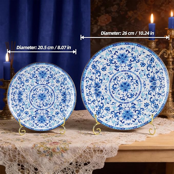 Decorative Plates Set for Display, Blue and White Ceramic Plate Decor with Stand, Handmade Vintage Porcelain Ornament for Table, Living Room, Kitchen, Perfect Chinese Style Dish Gift (8in+10in)