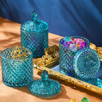 Aoriher 4 Pcs Crystal Glass Candy Jar Set with Lids Home Decorative Storage Jars for Apothecary, Bathroom, Kitchen, and Pantry, Ideal for Cotton Swabs and Jewelry(Medium,Mist Blue)