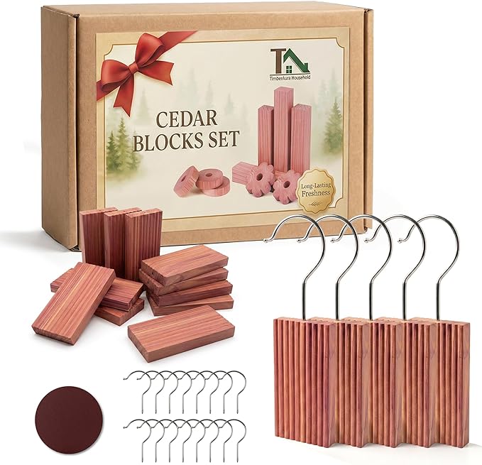 Cedar Blocks for Clothes Storage, Natural Cedar Wood Hooks for Closets and Drawers, 100% Natural & Fresh Scented Wardrobe Organizer, 17 Pack