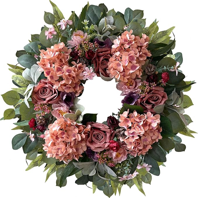 WANNA-CUL 24 Inch Spring Hydrangea Wreaths for Front Door,Pink Rose Peony Floral Door Wreath for Mother’s Day Valentine Wedding Year Round Indoor Outdoor Wall Decor