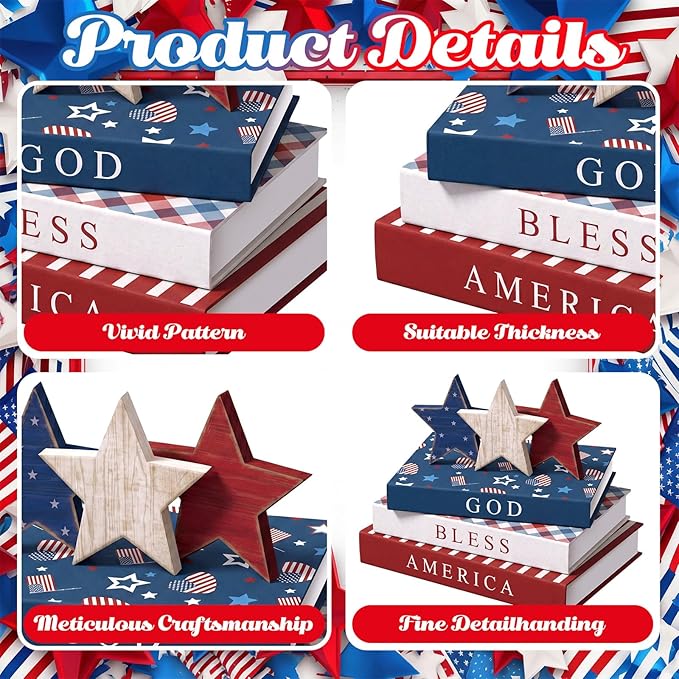 Thyle 4th of July Fake Decorative Books Wooden Star Table Signs Faux Stars Patriotic Decor Farmhouse Decoration Books for Independence Day 250th Anniversary Party Office Home Shelf Table Decor