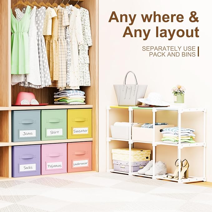 Geelin 6 Cube Toy Storage Organizer with Fabric Bins and Labels, 11 Inch Collapsible Colorful Cubby Storage Drawers Pastel Dresser with Shelf for Playroom Nursery Closet Bedroom Dorm