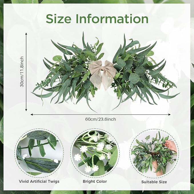 24" Floral Swag for Front Door Greenery Teardrop Swag Eucalyptus Swag Summer Wreath with Eucalyptus Olives Leaves Mixed Berry for Wedding Arch Party Wall Home Garden Decor