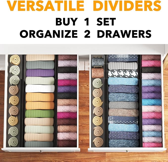 SpaceAid Bamboo 4 Pack Dresser Drawer Dividers, 4.65“ High Adjustable 17“-22” Drawer Organizers, Expandable Organization for Clothing, Clothes, Dressers, Black